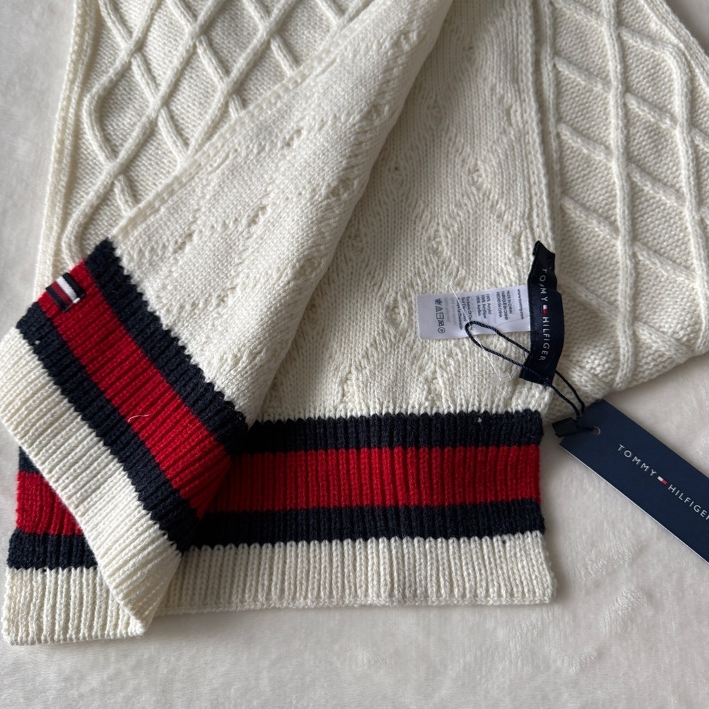 Tommy Hilfiger Ivory Knit Scarf with Red and Navy Stripes - Picture 3 of 5